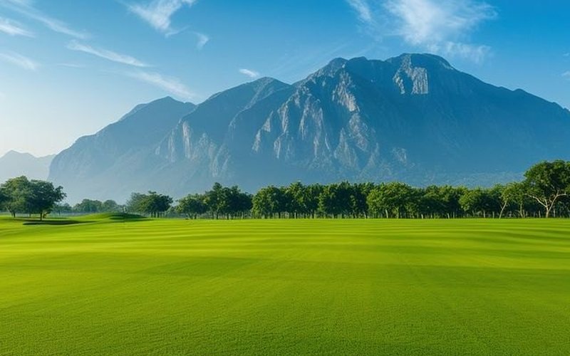 A golf course in front of a mountain range